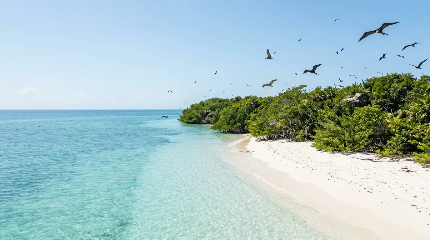 Frigatebirds circling over a mangrove-covered island and an untouched curve of white beach