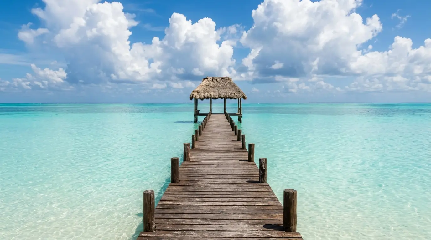 A rustic wooden pier leading to a thatched palapa over calm turquoise shallows under big white clouds