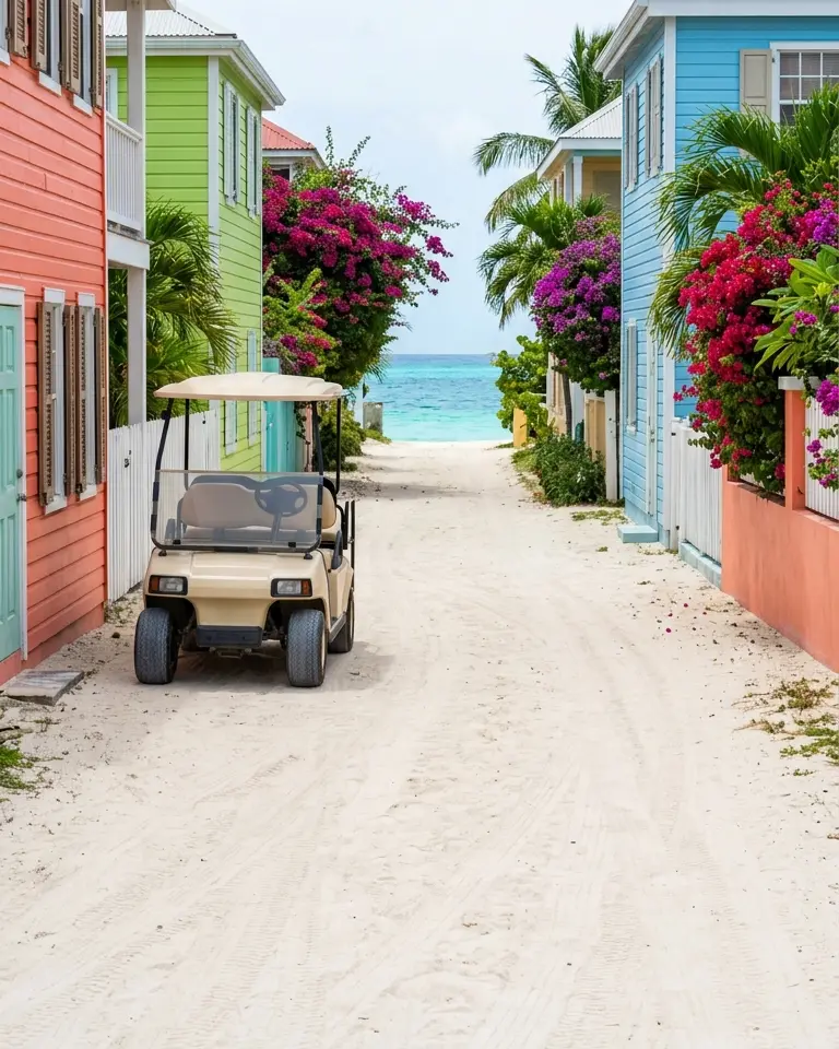 A golf cart on a sandy lane between brightly painted houses and bougainvillea